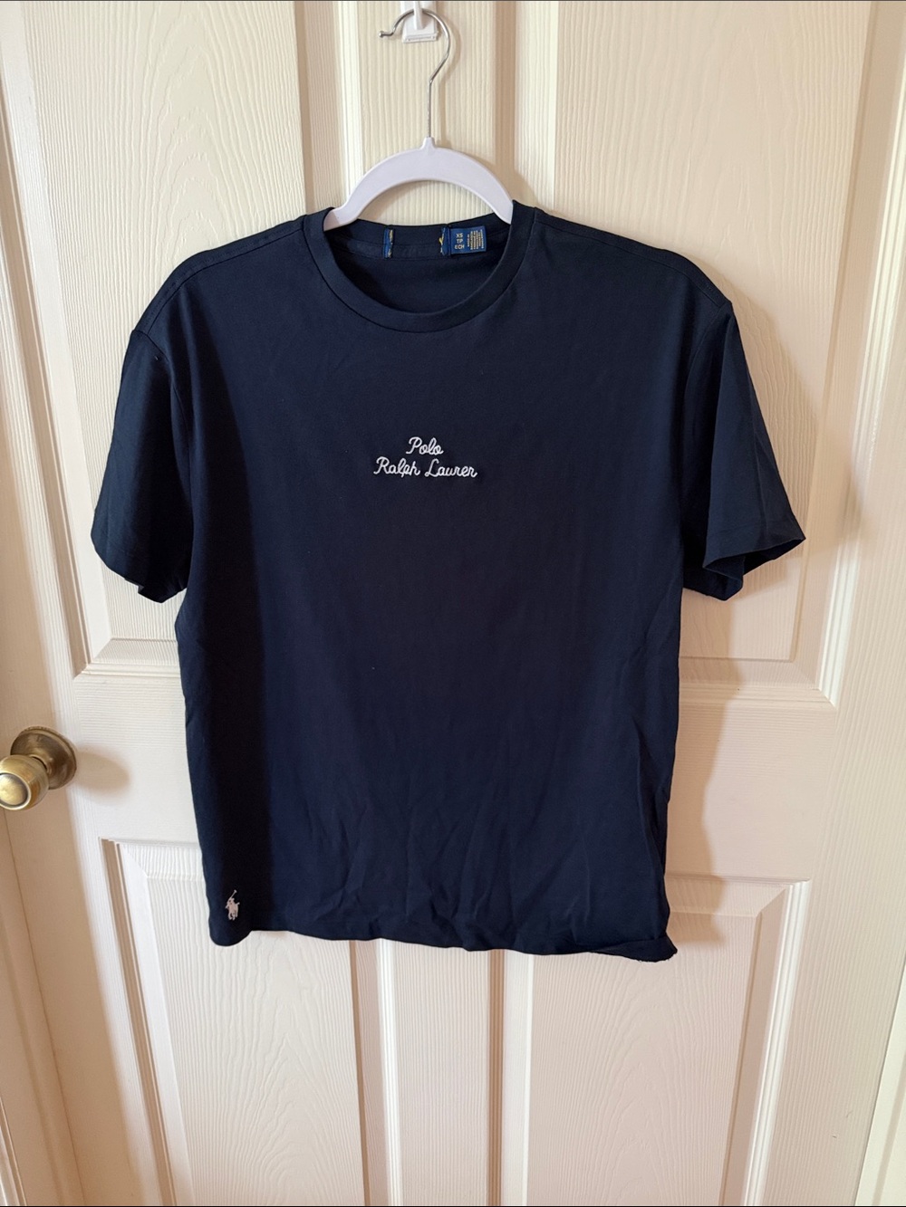 Polo by Ralph Lauren Women’s Navy Script Logo Crew Neck Tee Sz XS. Box30